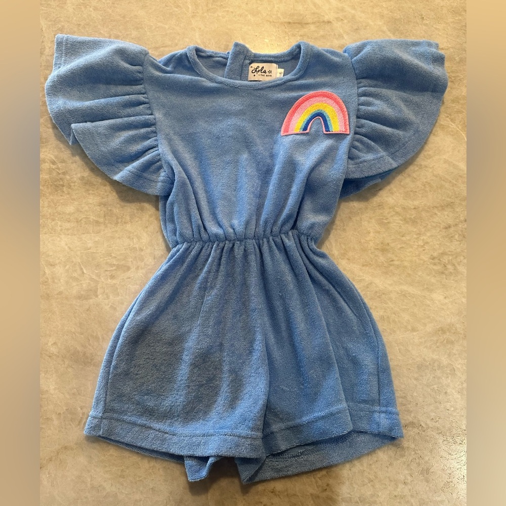 Lola + The Boys Blue Romper with Rainbow Patch